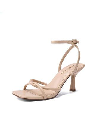 Women's Nude Kitten Square Open Toe Summer Dress Low Ankle Strap Heel Sandals